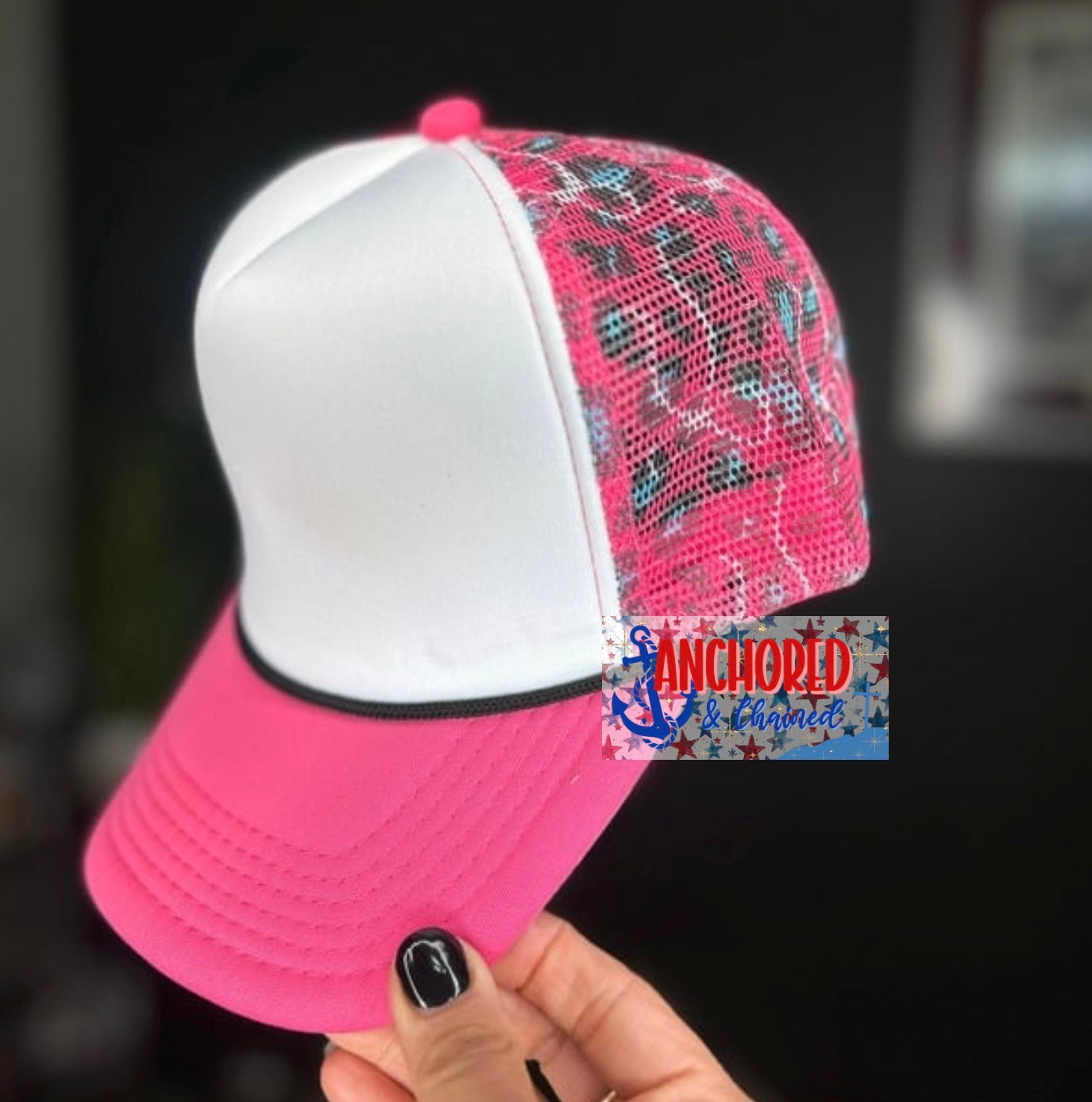 Pink & White Teal Leopard Coquette Trucker hat