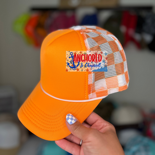 Orange Checkered Trucker hat