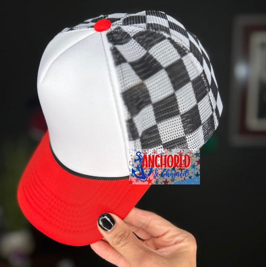 White, Red & Black Checkered Trucker hat