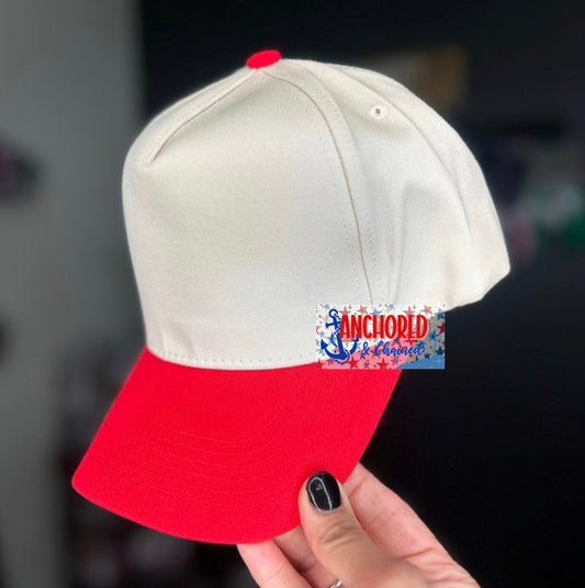 Red Canvas 5 Panel Trucker hat