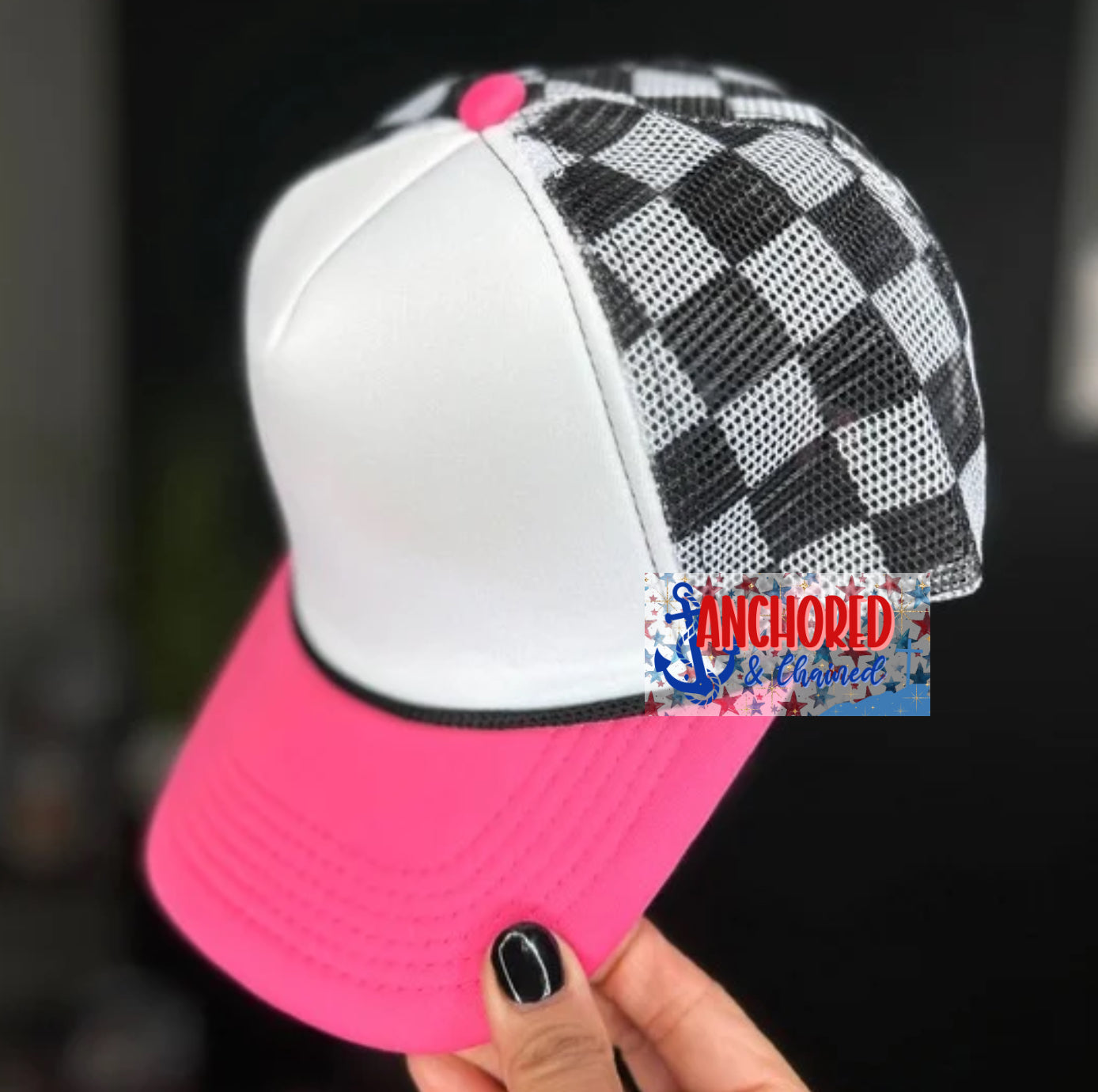 Pink, Black & White Checkered Trucker Hat