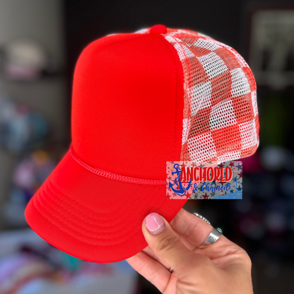 Red Checkered Trucker Hat
